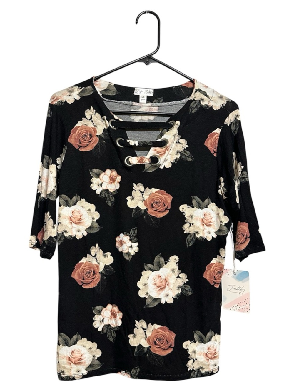 J for Justify  Top Womens Large Black Floral 3/4 Sleeve V-neck Top.